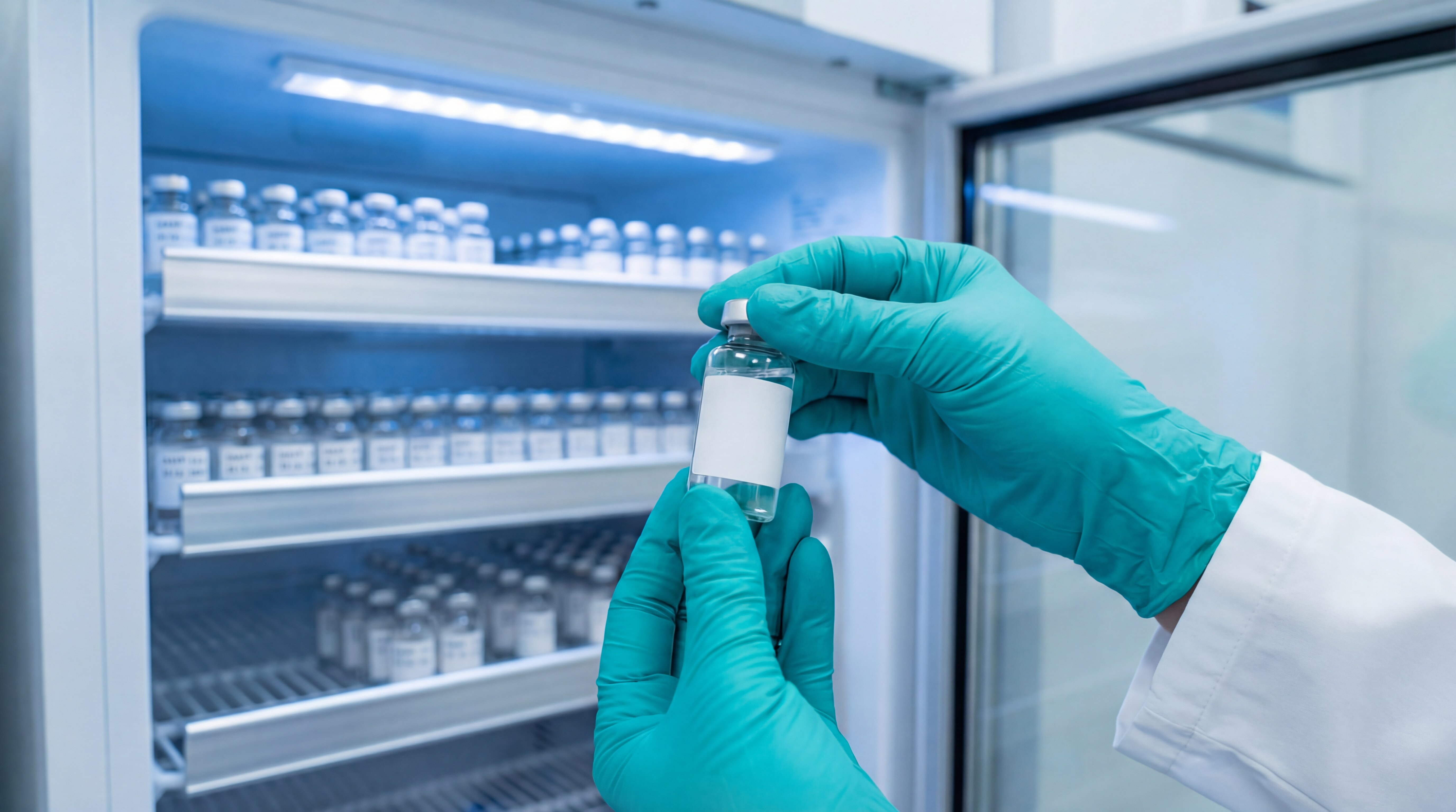 Healthcare worker holds a vaccine vial while selecting it from a storage refrigerator in a medical facility
